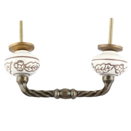 White Base Brown Leaf Flower Etched Ceramic Cut Bridge Handle